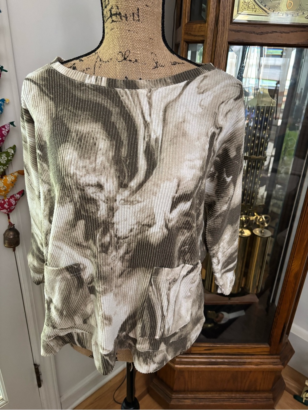 French Laundry Olive and White Tie-Dye Ribbed Boatneck Tunic size XL